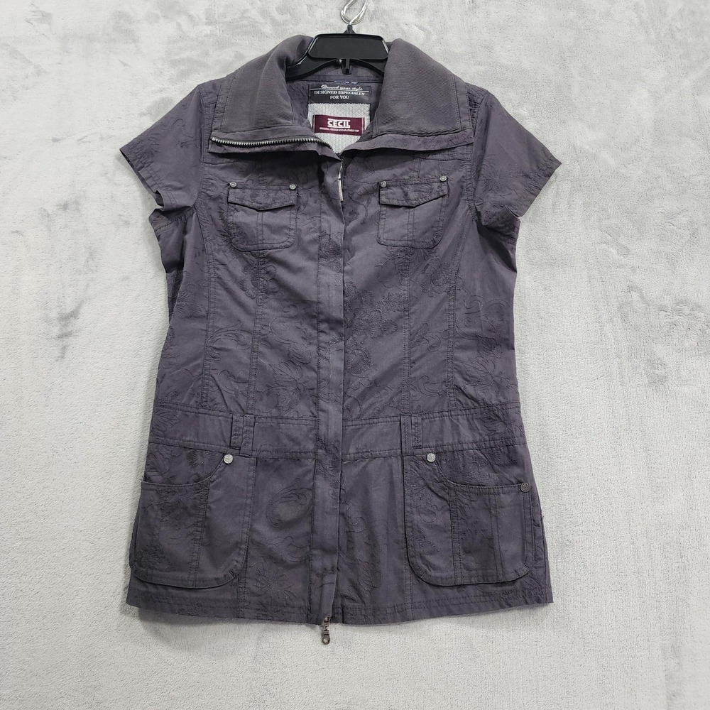 Cecil Jacket Womens M Gray Short Sleeve Floral Embroidered Zip Pockets Casual